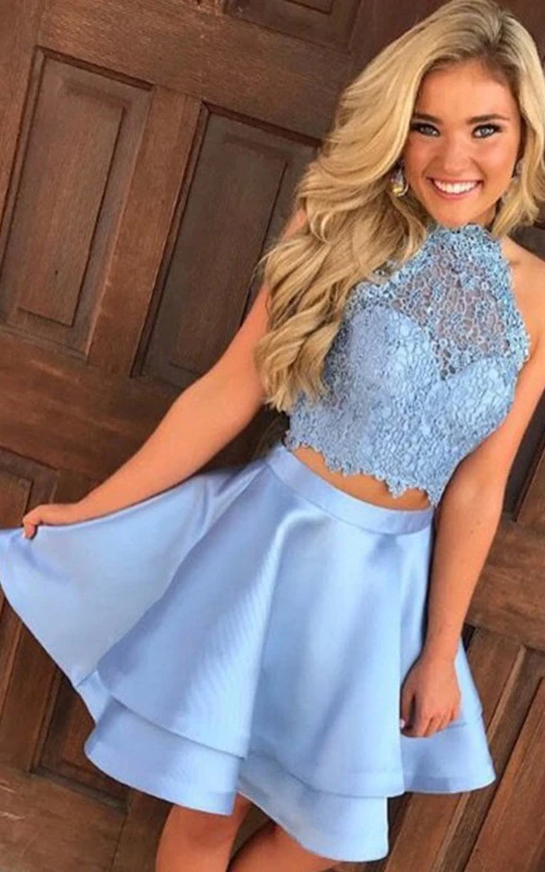 Vestido corto de fiesta de graduación de dos piezas sin mangas, de satén y encaje, con escote tipo ojo de cerradura y corte en A.