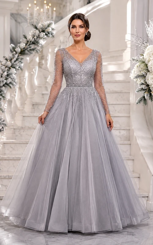 Silver Tulle Jewel Neck Sleeveless Ball Gown Floor-length Formal Dress