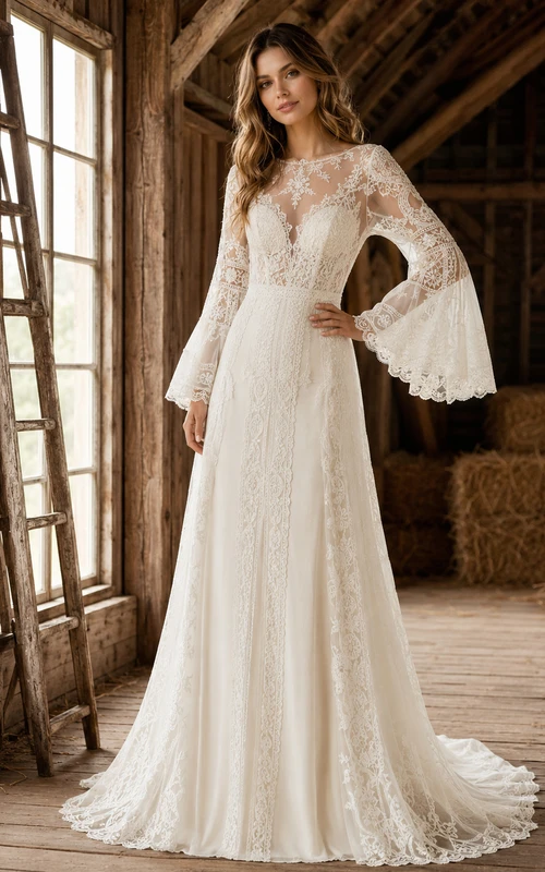 Long Bell Sleeve Lace Rustic Barn Bridal Gown