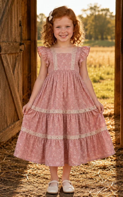 Dusty Rose Vintage Casual Country Floral Cotton Ruffle Sleeve Flower Girl Tea-Length Garden Dress