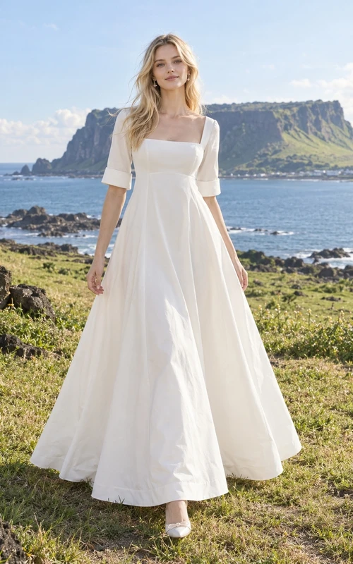 Einfaches Brautkleid mit eckigem Ausschnitt, halben Ärmeln, A-Linie und Knöchellänge