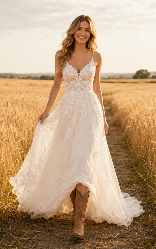 Country Boho Romantic A-Line Lace Tulle Wedding Dress with V-Neck Spaghetti Straps Sleeveless Floor-Length Train Split Skirt Low Back Deep V Detail