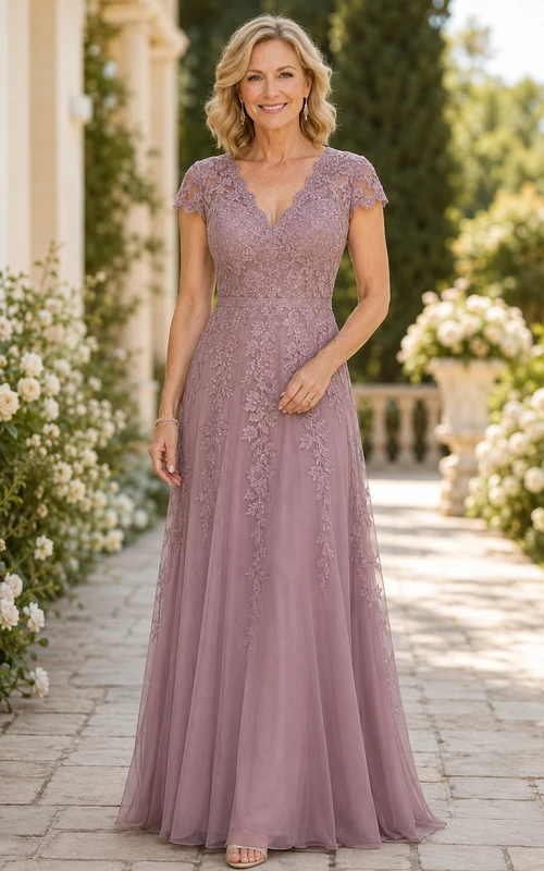 Mauve Lace A-Line Mother Dress with Cap Sleeves