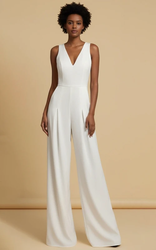 Ärmelloser Jumpsuit mit tiefem V-Ausschnitt und weitem Bein für die Hochzeit