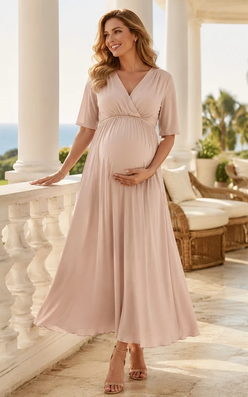 Robe classique de maternité rose poudré à manches courtes et col en V, en mousseline, coupe trapèze, longueur cheville