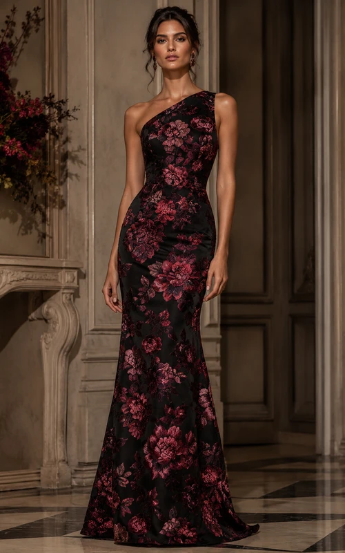 Vestido de noche estilo sirena con un solo hombro, sin mangas y bordado floral, largo hasta el suelo.