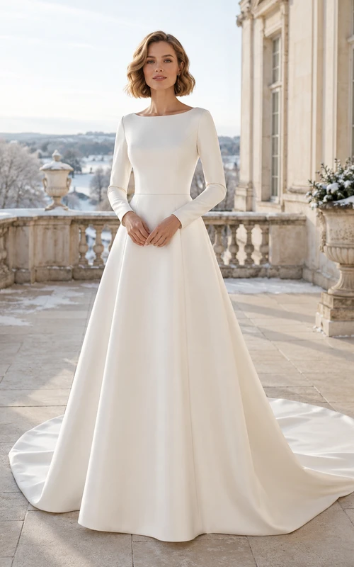 Minimalist Bateau Long Sleeve Satin A-Line Chapel Train Winter Wedding Gown