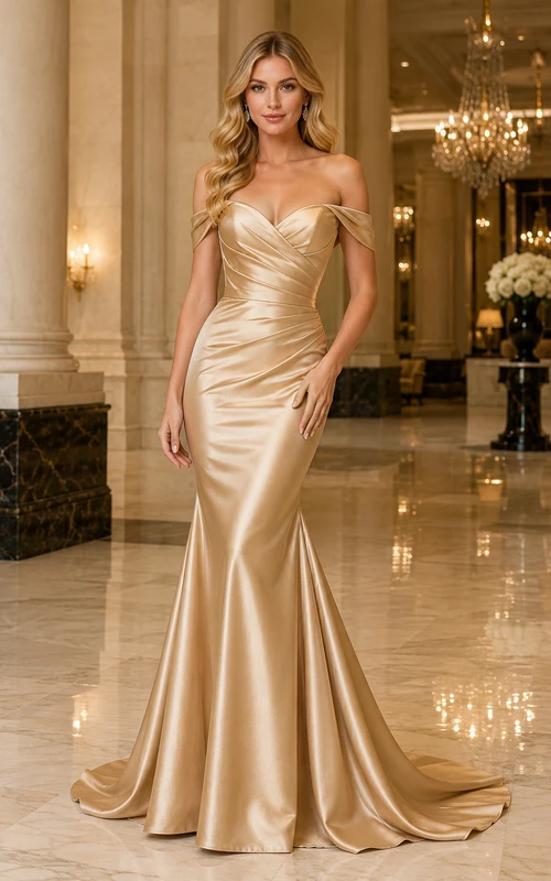 Gold Off-the-Shoulder Satin Mermaid Formal Dress with Ruched Bodice and Sweep Train
