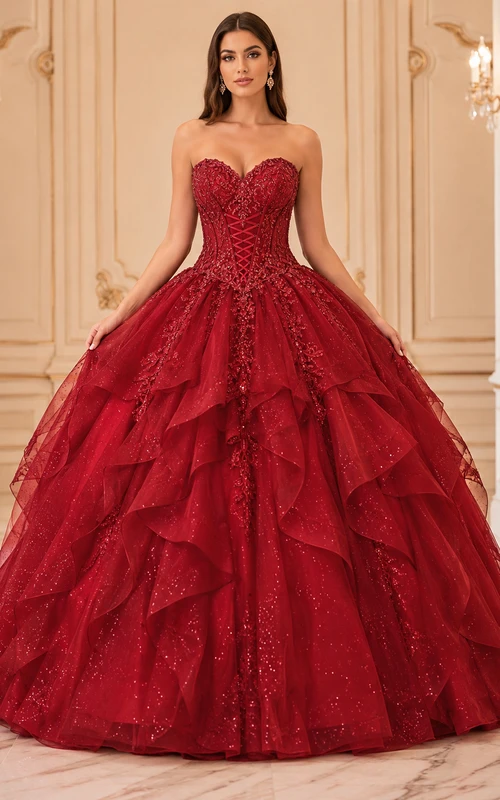 Red Luxury Strapless Sweetheart Tiered Glitter Tulle Princess Quinceanera Ball Gown