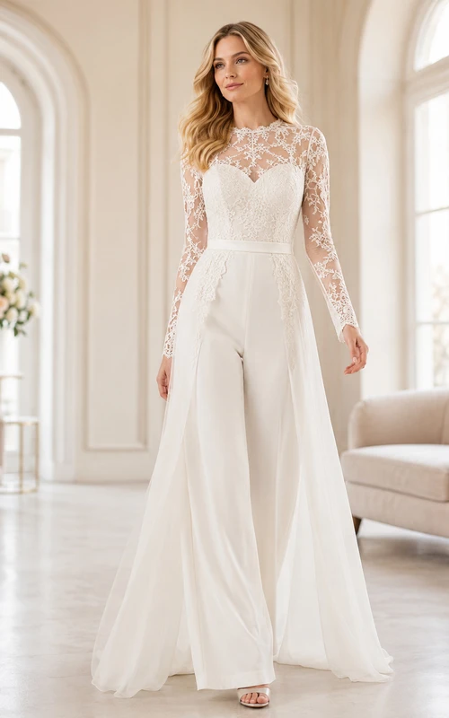 Combinaison de mariée romantique civile en dentelle à manches longues en mousseline à jambes larges