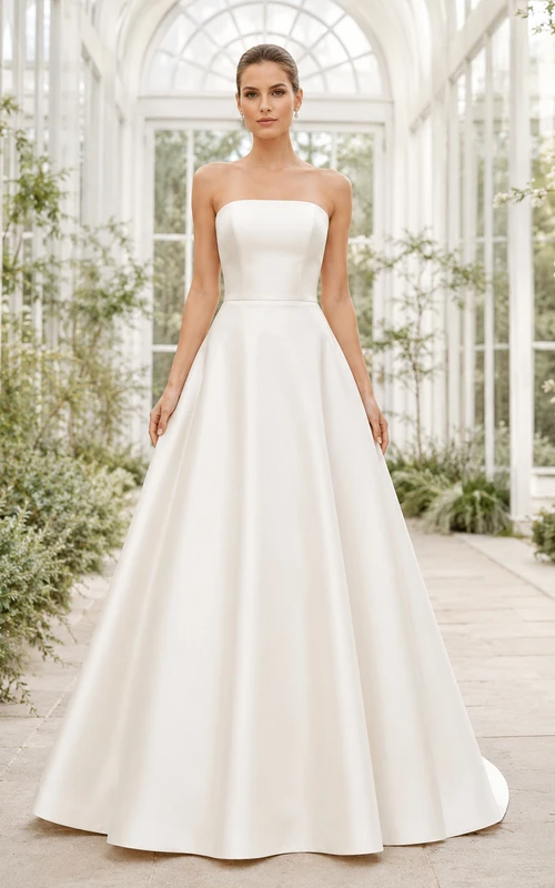 Minimalistisches, trägerloses Brautkleid aus Satin in A-Linie mit tiefem V-Ausschnitt am Rücken und Kapellenschleppe