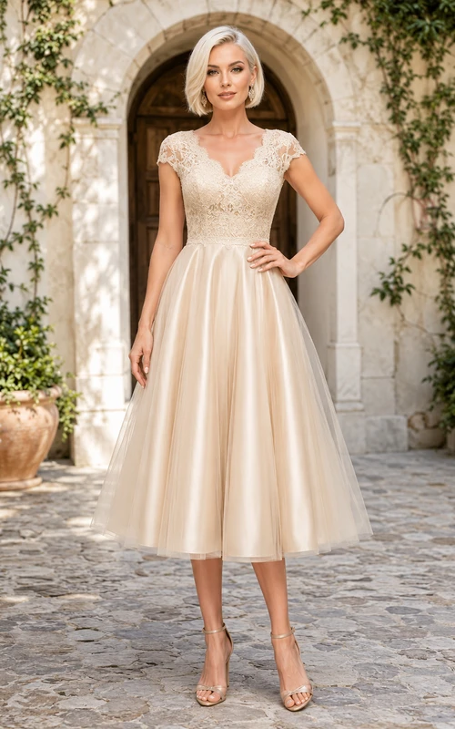 Vestido de novia vintage color champán con escote en V, mangas cortas, encaje y satén, corte en A, largo hasta la rodilla.
