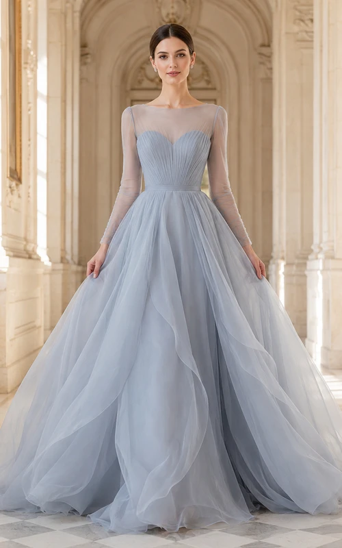 Robe de mariée en organza bleu acier à bretelles carrées et col carré