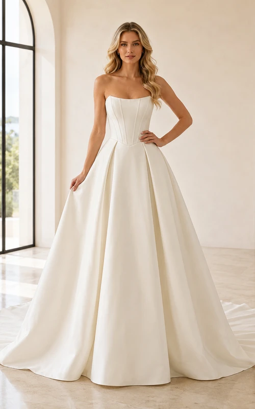 Satin Wedding Dress A-Line Strapless Sweep Train Bridal Gown