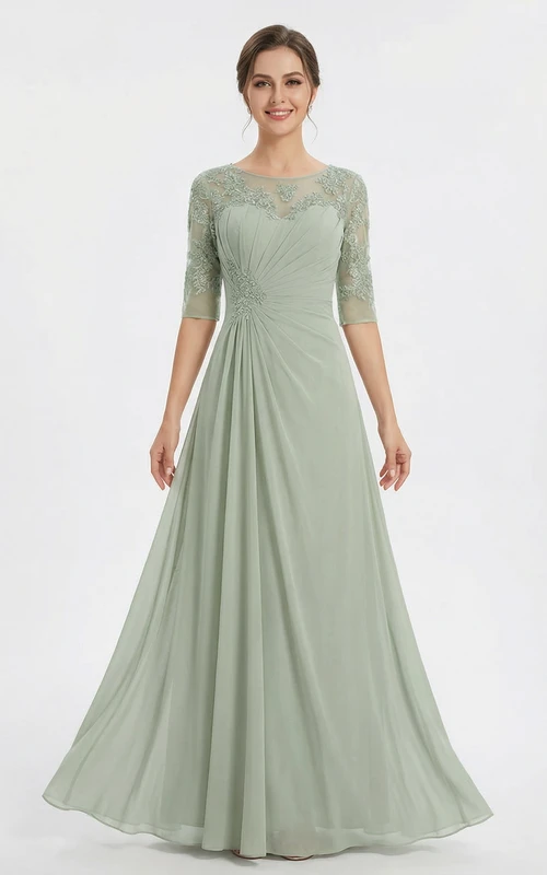 Salbeigrünes, elegantes Chiffon-Abendkleid in A-Linie mit halblangen Spitzenärmeln und plissiertem Oberteil