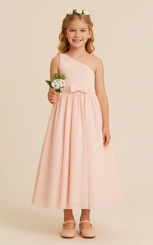 Blush One-shoulder Chiffon Ankle-length Flowergirl Dress