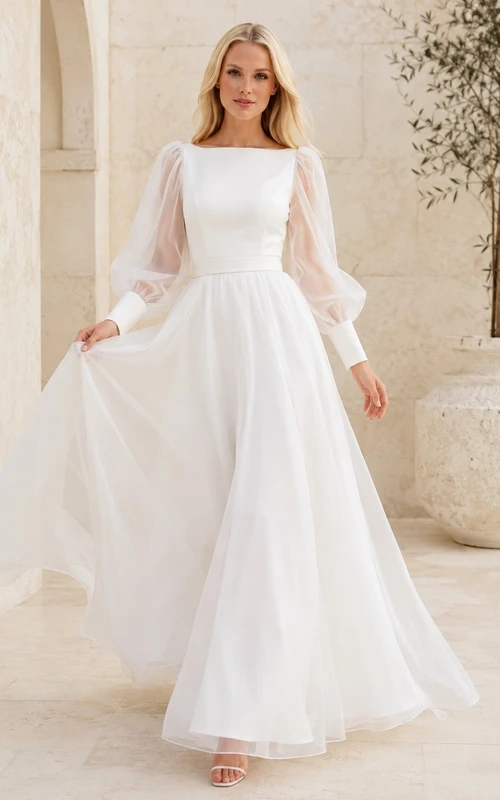Romantic White Square Neck Long Sleeve Tulle Ball Gown Formal Dress