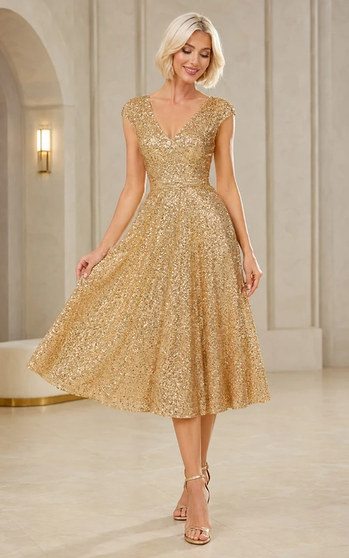 Vestido de noche formal de corte A, largo midi, largo midi, con escote en V, mangas cortas, lentejuelas y lentejuelas doradas.