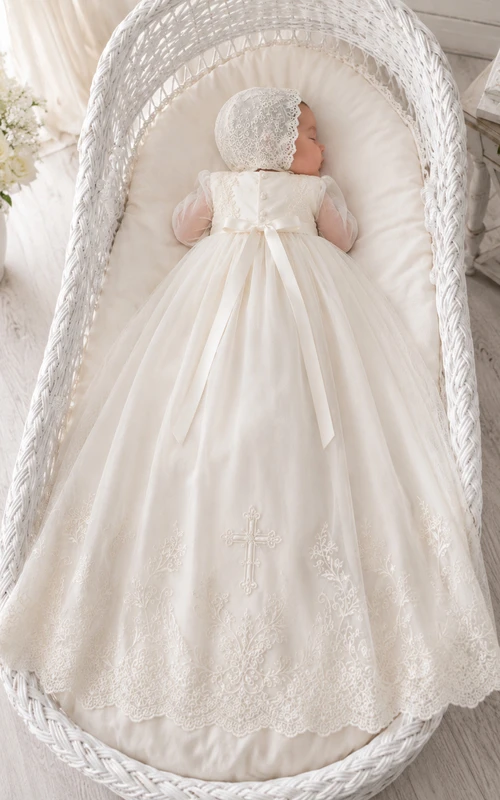 Cross Embroidered Baptism Gown A-Line Tulle Lace Long Sleeve Floor-Length