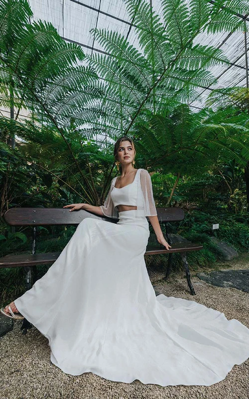 Robe de mariée deux pièces en mousseline transparente avec manches illusion