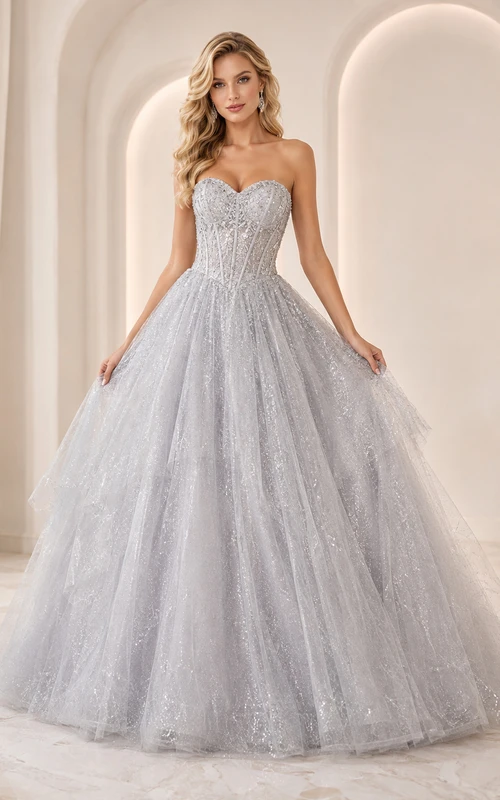 Starlight Palace Silver Ball Gown Floor-Length Strapless Sleeveless Tulle Luxury Prom Dress