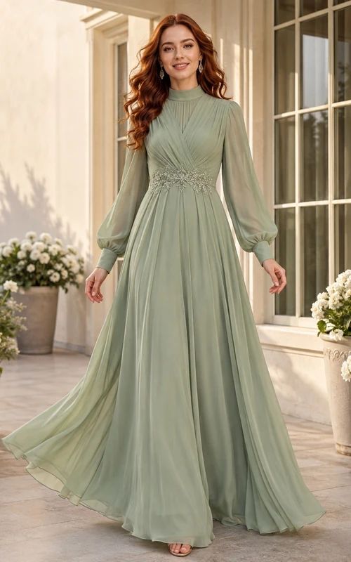 Sage Green Chiffon Long Sleeve A-Line High Neck Modest Floor Length Garden Bridesmaid Dress
