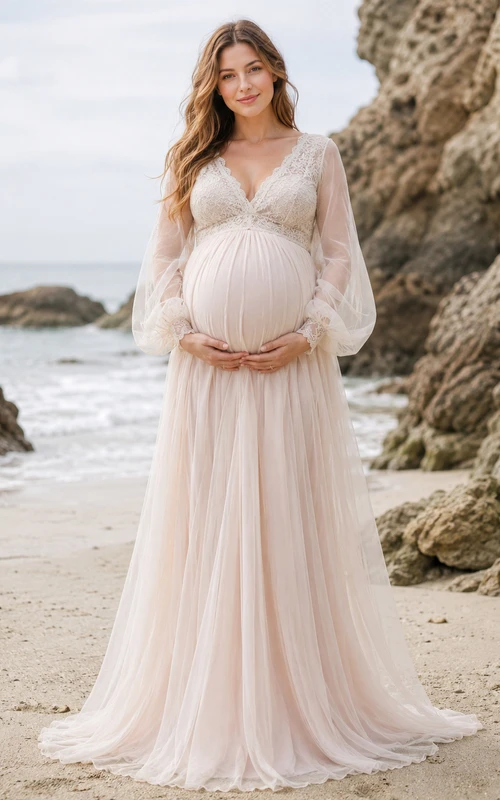 Robe de mariée de maternité bohème de plage, col en V, longue en dentelle, manches bouffantes, style empire, en mousseline, en mousseline.
