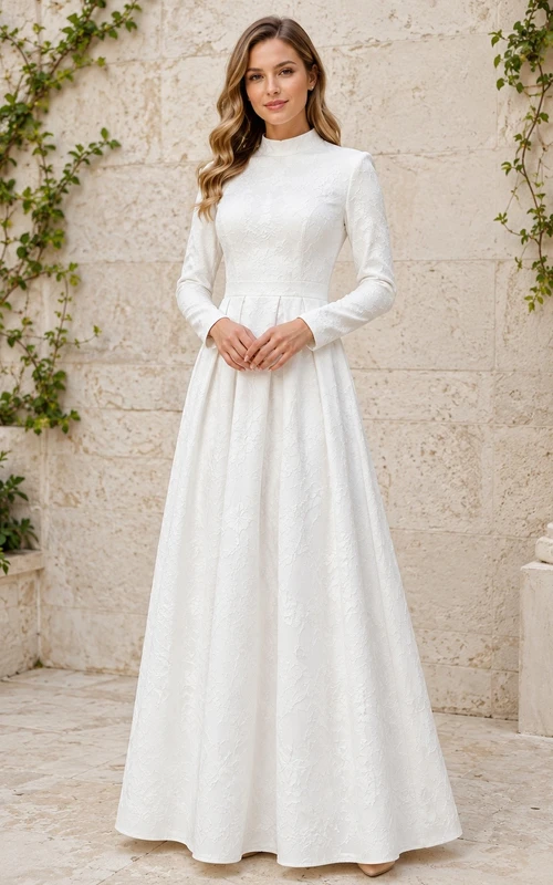 White Lace Tulle High Neck Long Sleeve Floor-Length Modest A-Line Dress