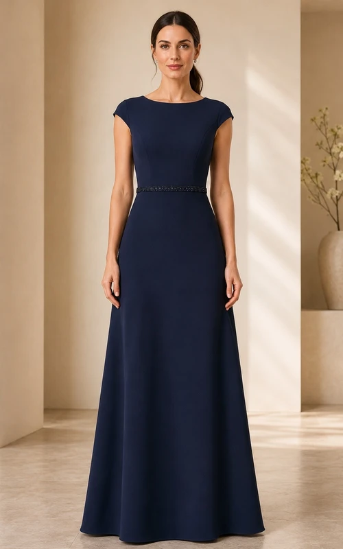 Vestido de noche ajustado de satén azul marino oscuro con cuello joya y mangas cortas.