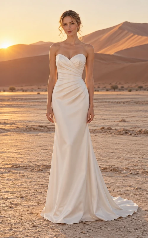 Vestido de novia sencillo sin tirantes, escote corazón, de satén, con corpiño drapeado y cola que llega hasta la cadera.