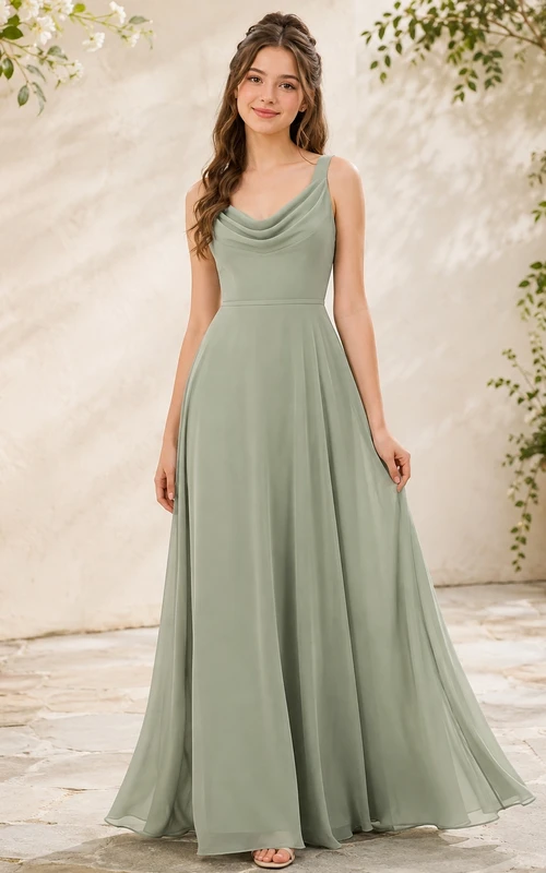 Vestido de dama de honor juvenil color celadón, corte en A, escote drapeado, sin mangas