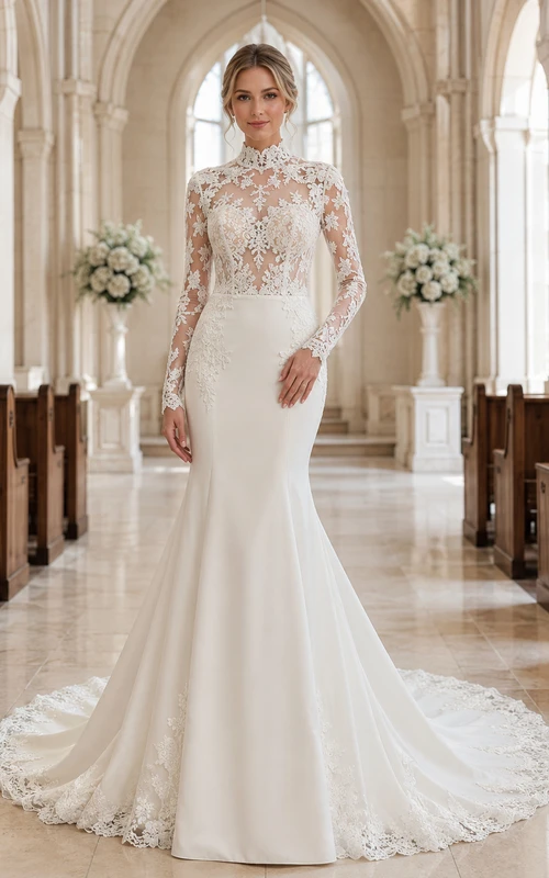 Vestido de novia de corte sirena con cuello alto y corpiño de encaje transparente.