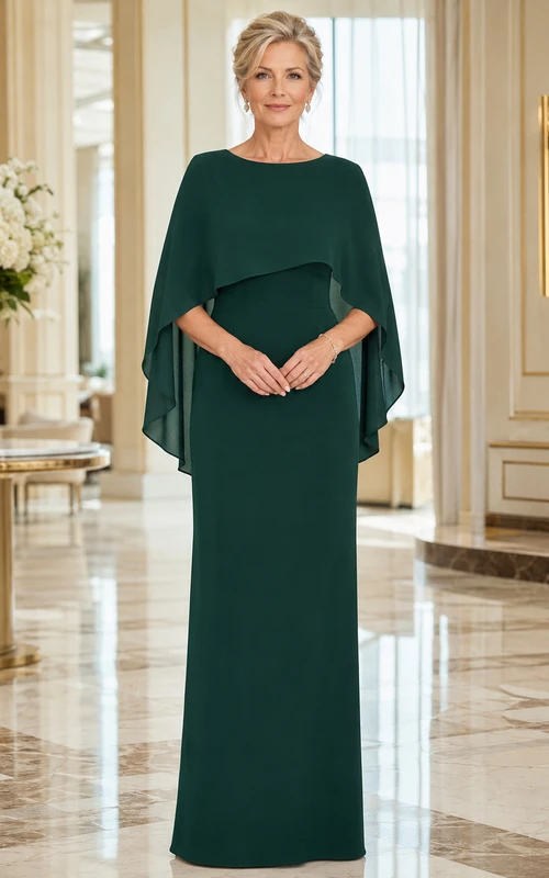 Dark Green Floor-Length Sheath Simple Mother of the Bride Gown with Scoop Neck Elbow Cape Overlay and Closed Back