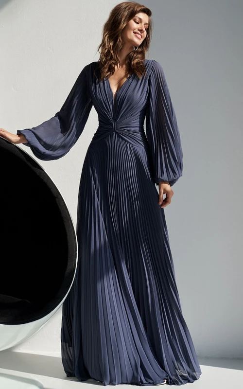 Vestido de noche largo formal con mangas | Vestido de invitada de boda de manga larga | Vestido de gasa azul marino para la madre de la novia