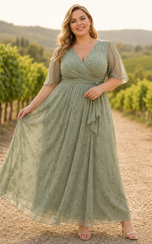 Vestido de tul de corte A con escote en V, talla grande, color verde salvia.