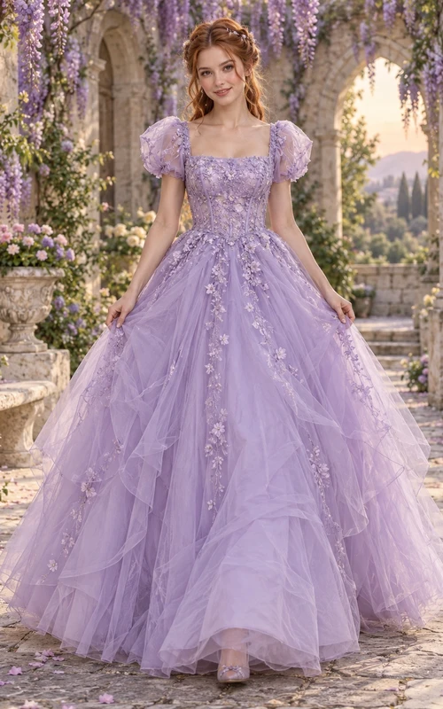 Robe de bal féerique lavande à col carré, manches bouffantes et volants fleuris