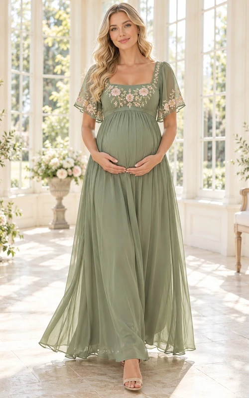 Maternity Square Neck Sage Floral Embroidered Flutter Sleeve Chiffon Gown