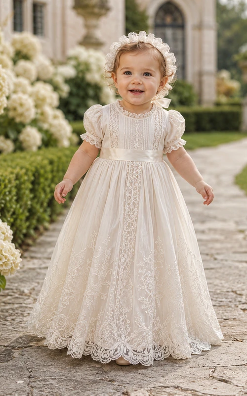 Vestido de bautizo de estilo clásico, corte en A, largo hasta el suelo, cuello alto, mangas abullonadas, tul, encaje, lazo en la espalda y botones en la espalda.