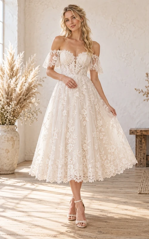 Boho Tea-length Off Shoulder Floral Lace A-Line Wedding Dress