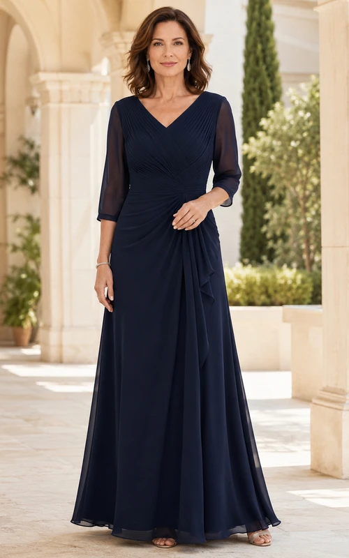 Dunkelblaues, schlichtes, bodenlanges A-Linien-Chiffonkleid für die Mutter der Braut mit V-Ausschnitt, transparenten Dreiviertelärmeln und plissierter Taille.