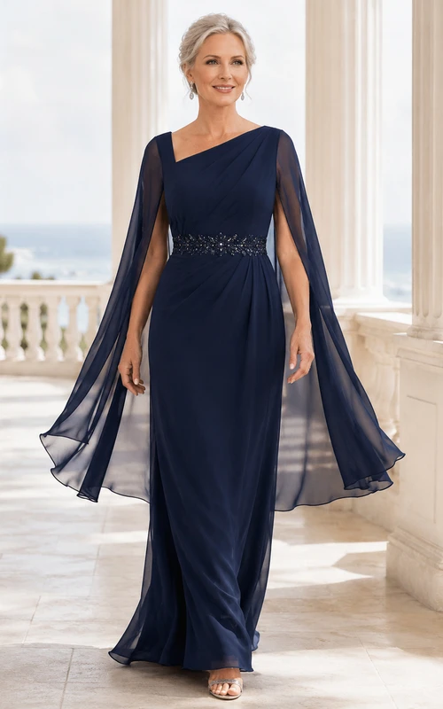 Dunkelblaues, einseitig schulterfreies, perlenbesetztes Chiffon-Cape-Etui-Abendkleid für die Mutter