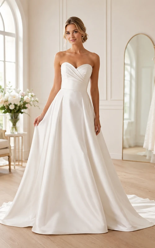 Brautkleid aus Satin, A-Linie, trägerlos, mit Schleppe