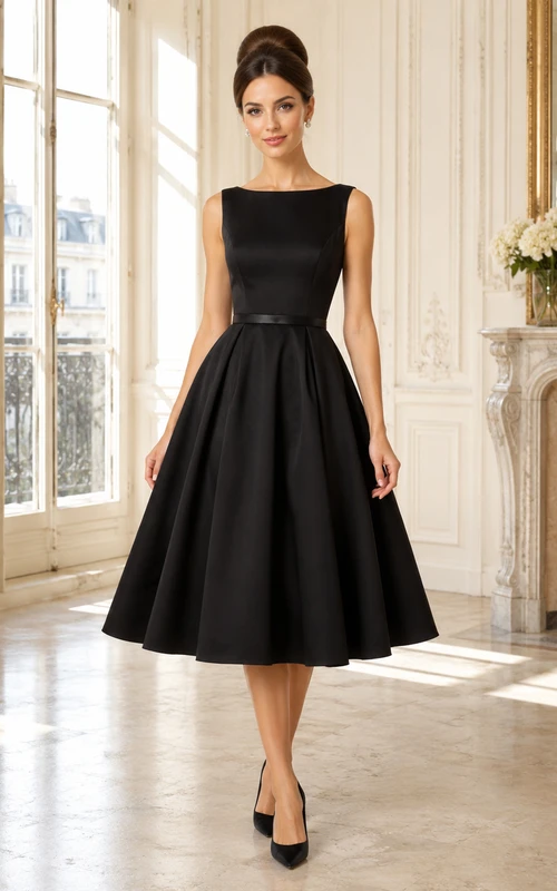 Noir Icon Black A-Line Tea-Length Bateau Sleeveless Satin Vintage Cocktail Dress