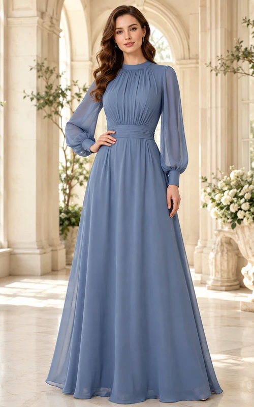 Robe de soirée trapèze en mousseline bleu acier à manches longues, coupe modeste, style A