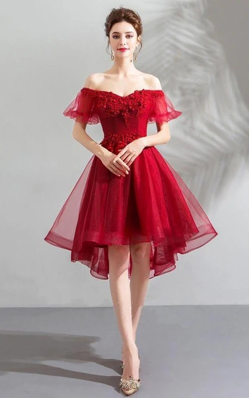 Strapless Short Sleeve High-Low Dress with Corset Back
