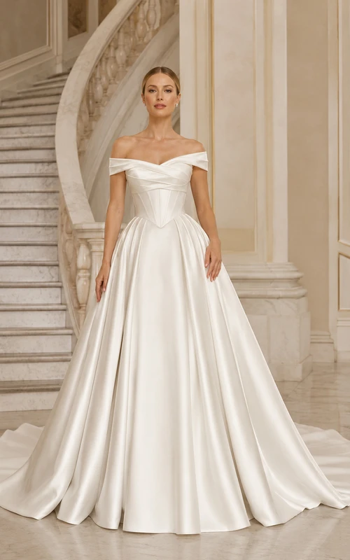 Robe de bal intemporelle en satin, épaules dénudées, manches courtes, traîne chapelle, plissée, style bohème.