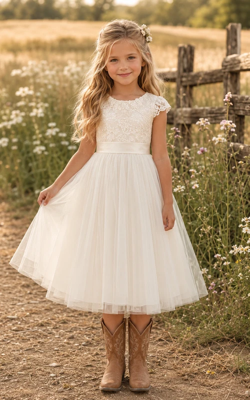 Rustikales Western-Hochzeitskleid im A-Linien-Stil mit Spitze, Tüll, Teelänge und kurzen Ärmeln