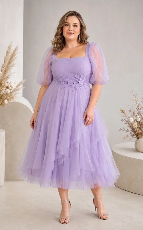 Lavender Tulle Square Neck Three-quarter Sleeve Plus Size Midi Dress