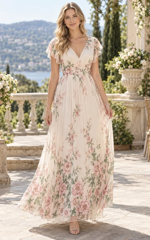 Blush Floral Border Print V-Neck Flutter Sleeve Floor-Length Chiffon Guest Dress