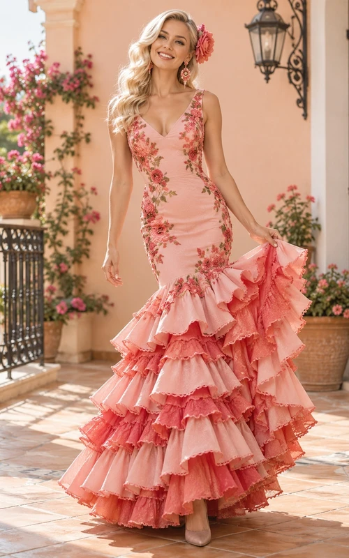 Robe de danse sirène à volants sans manches, col en V et imprimé floral rose flamenco
